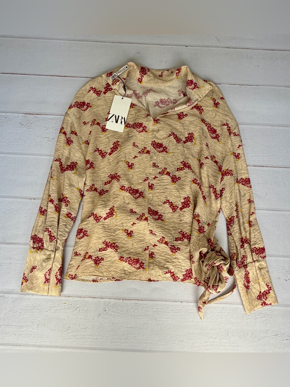 NWT Zara Floral Wrap Tie Blouse Top XS Beige Red Long Sleeve Linen Blend Boho - Picture 2 of 11